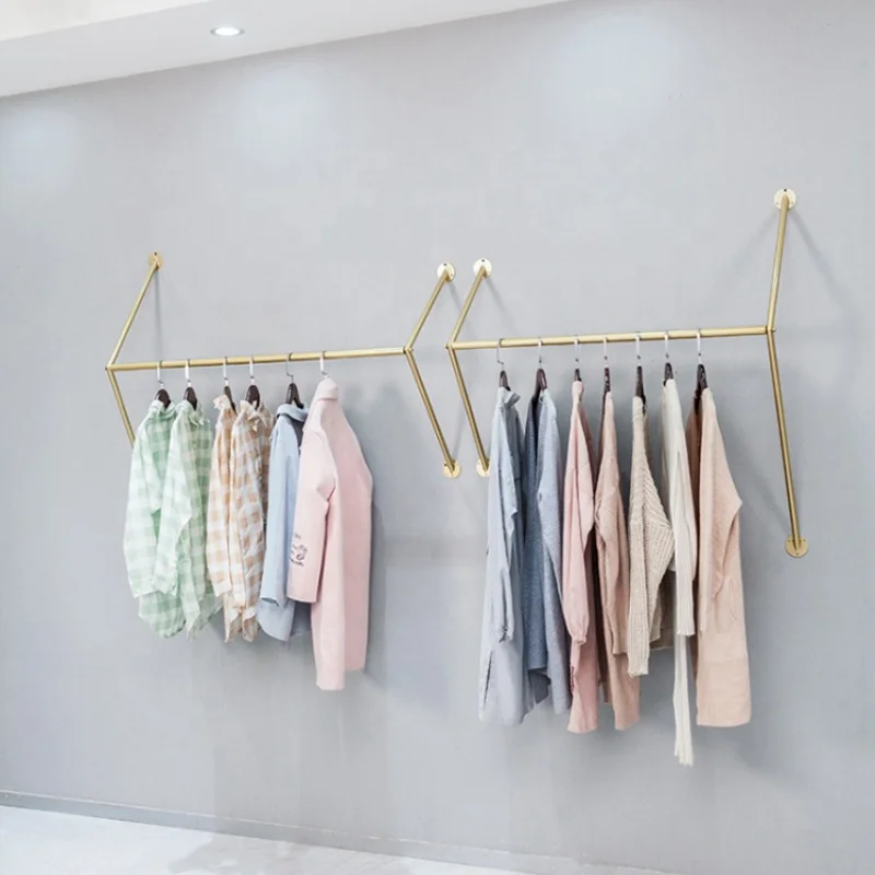 Custom, Fashion Gold Garment Metal Wall Mounted Hanging Rail Display Rack Retail Clothing Shop Fittings Interior Design