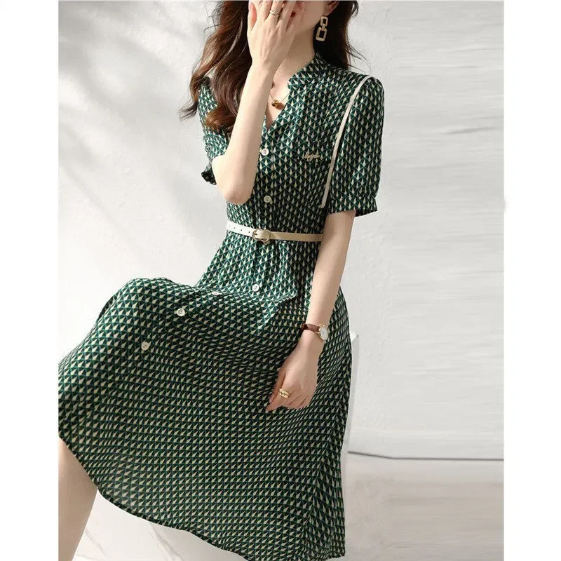 Estate moda coreana elegante semplice stampa cintura manica corta tunica bottone camicia abiti per le donne Casual Slim Midi Dress Vestido