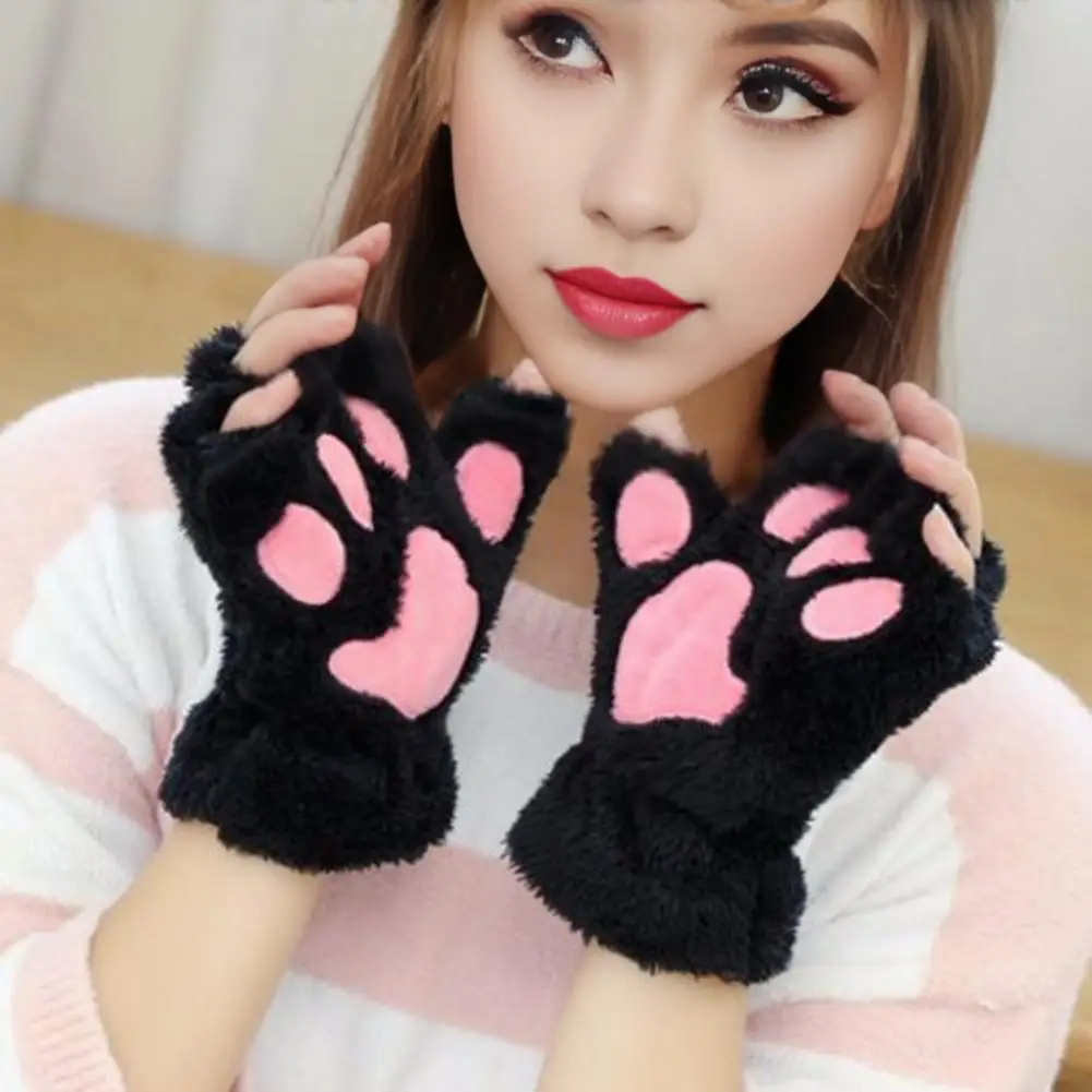 Winter Cat Paw Gloves Women\'s Winter Cat Paw Half-finger Gloves with Plush Warmth Non-slip Protection for Cycling Riding Cat Paw