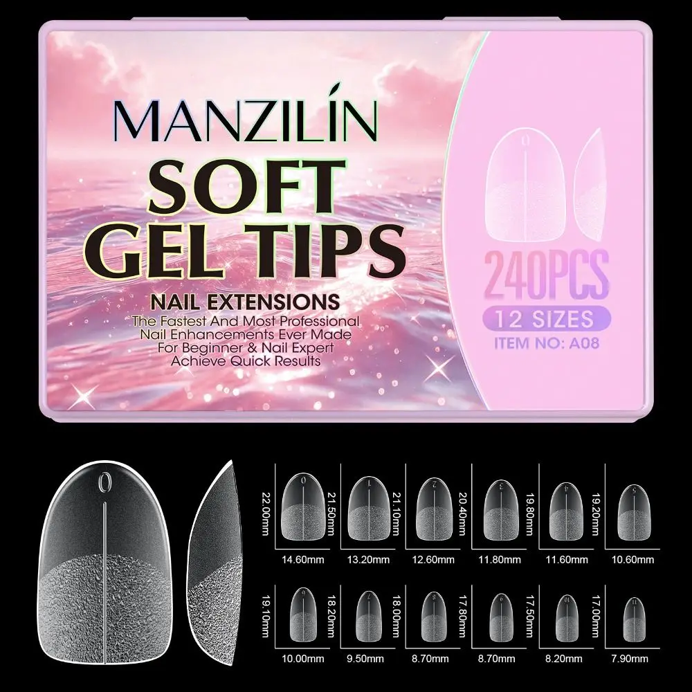 240Pcs Short Almond Soft Gel X Nail Tips Full Cover with Guide Lines Fake Nails 12 Sizes Coffin French Nail Nail Art Mold