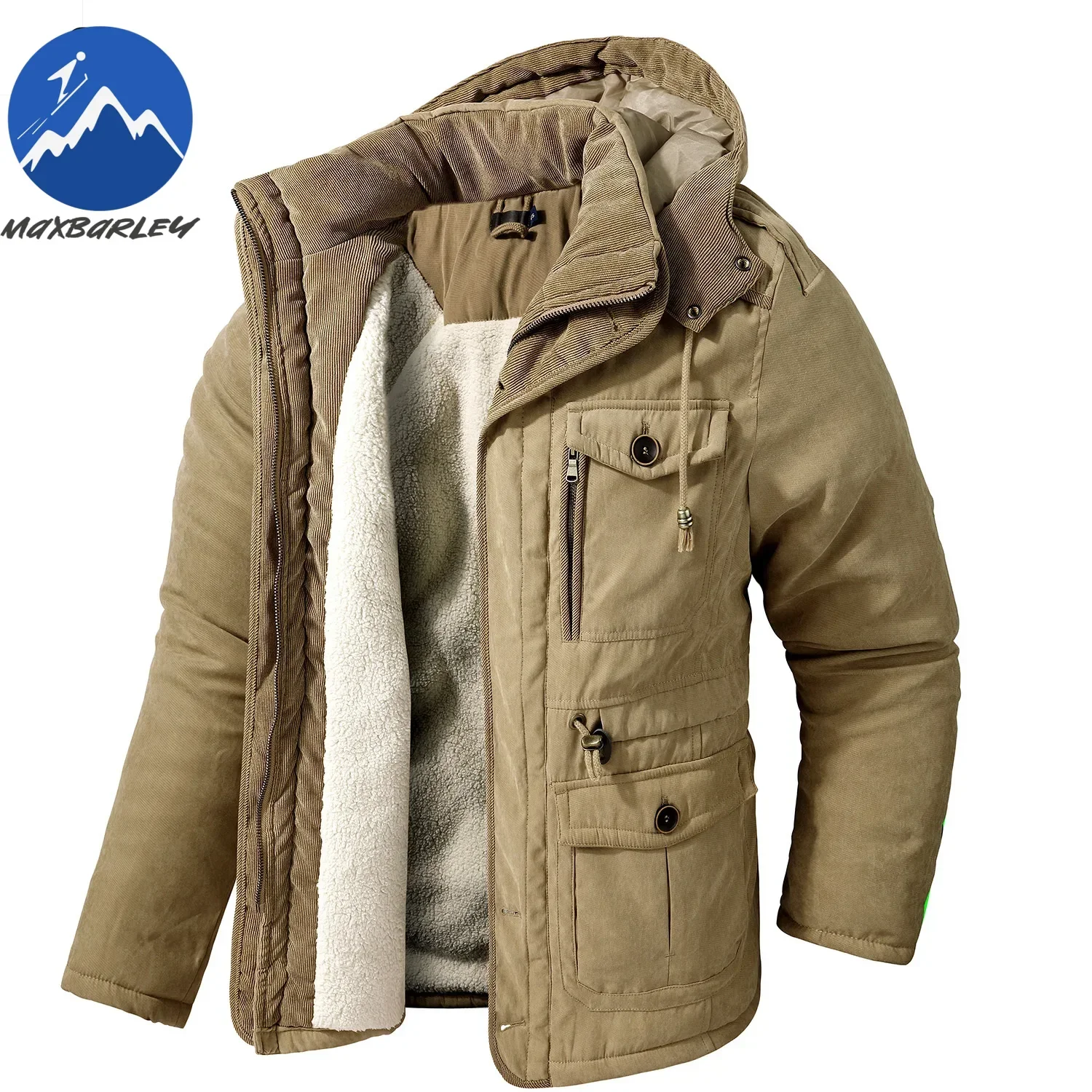 Windproof Fleece Jacket Men\'s Winter Vintage Warm Thick Hooded Parka 2024 New Camping Snow Cold-proof Pocket Coat Men\'s Clothing
