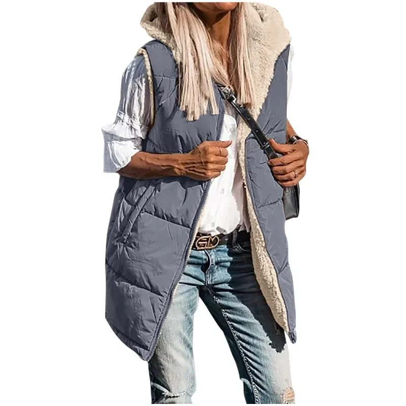 Women's Solid Color Hooded Cotton Coat Vest Winter 2023 New Warm Vest Coat Women's Fashion Sleeveless Zipper Cardigan Vest