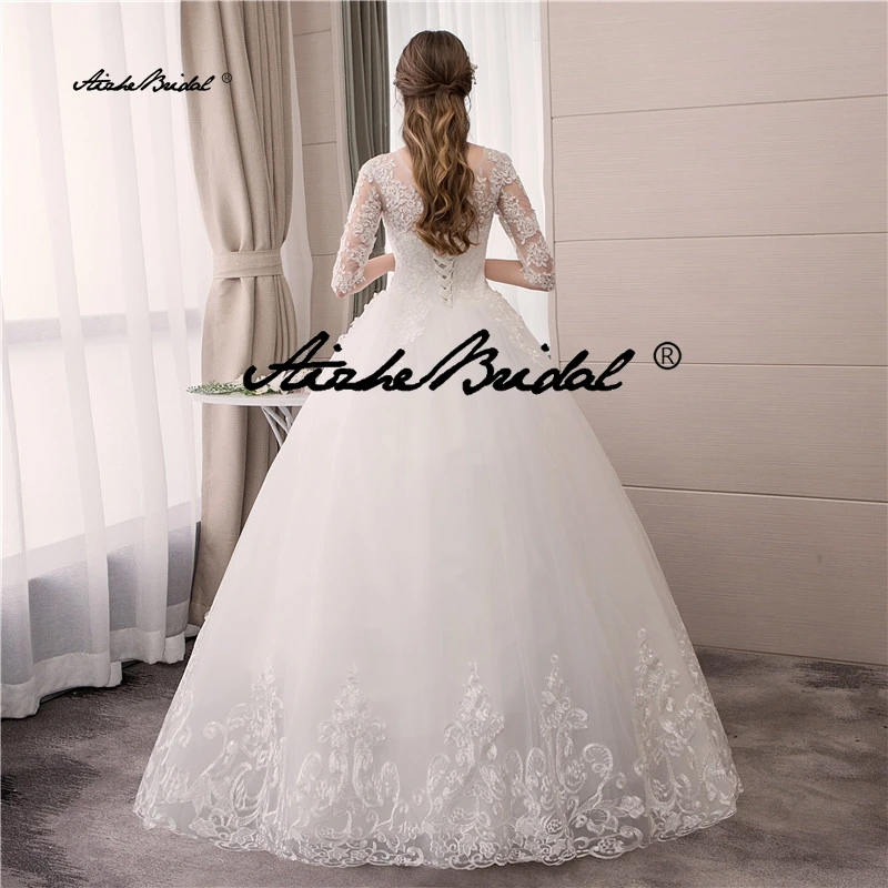 فستان الزفاف التطريز الدانتيل يصل حجم كبير مخصص س الرقبة فساتين الزفاف نصف كم الكرة ثوب رداء دي ماري