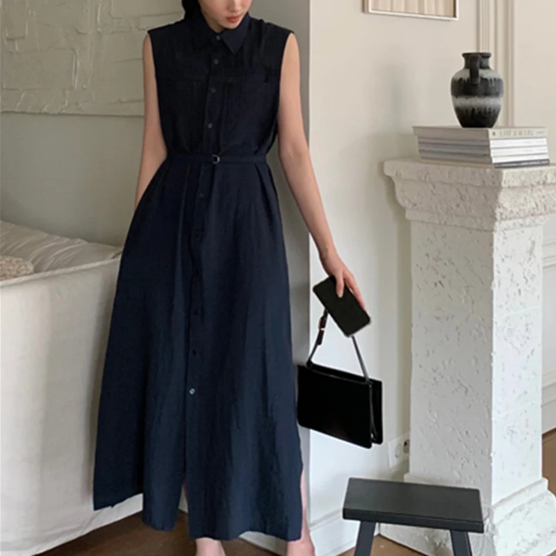 REALEFT Sommer Ärmellose frauen Hemd Kleider Solide Einreiher Elegante Taschen Gerade Kleid Weibliche 2024 Neue