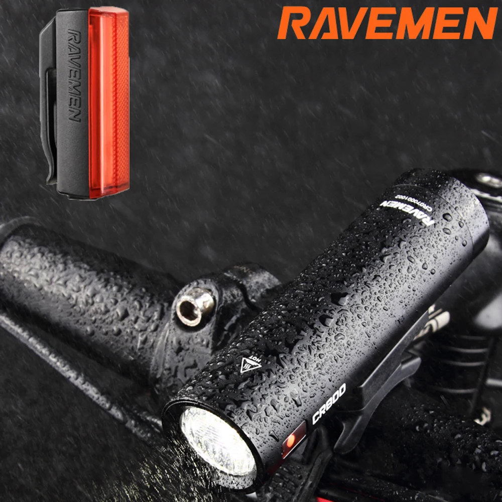 

RAVEMEN Bike Front Rear LED Light Set Bicycle CR800 Headlight + TR20 Taillight Lamp USB Rechargeable Anti-Glare Lens T-Shap Beam