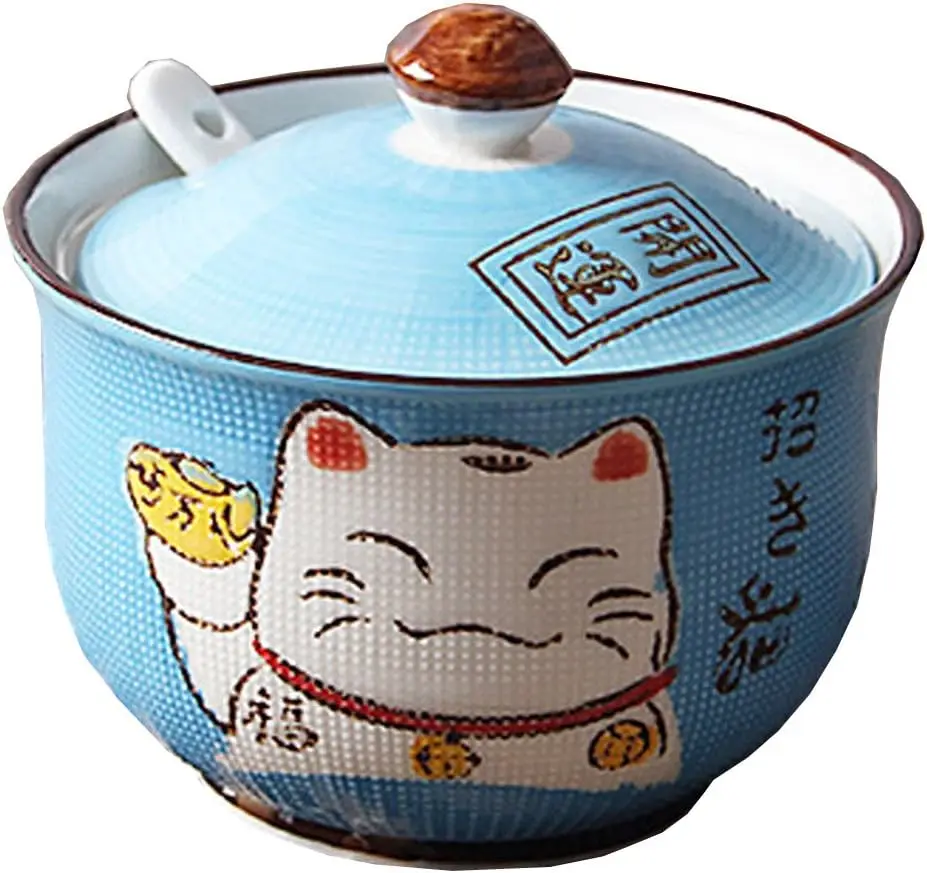 Tarro de cerámica japonés Maneki Neko con forma de gato de la suerte para azúcar, sal y pimienta, con tapa y cuchara.