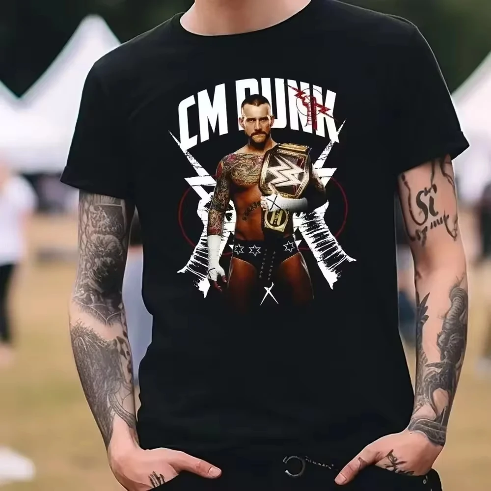 

Men's Summer Asual Sports Short Sleeve T-Shirt Black Print CM Punk Wrestling Fitness Running Ball WWE Causal Round Neck Clothing