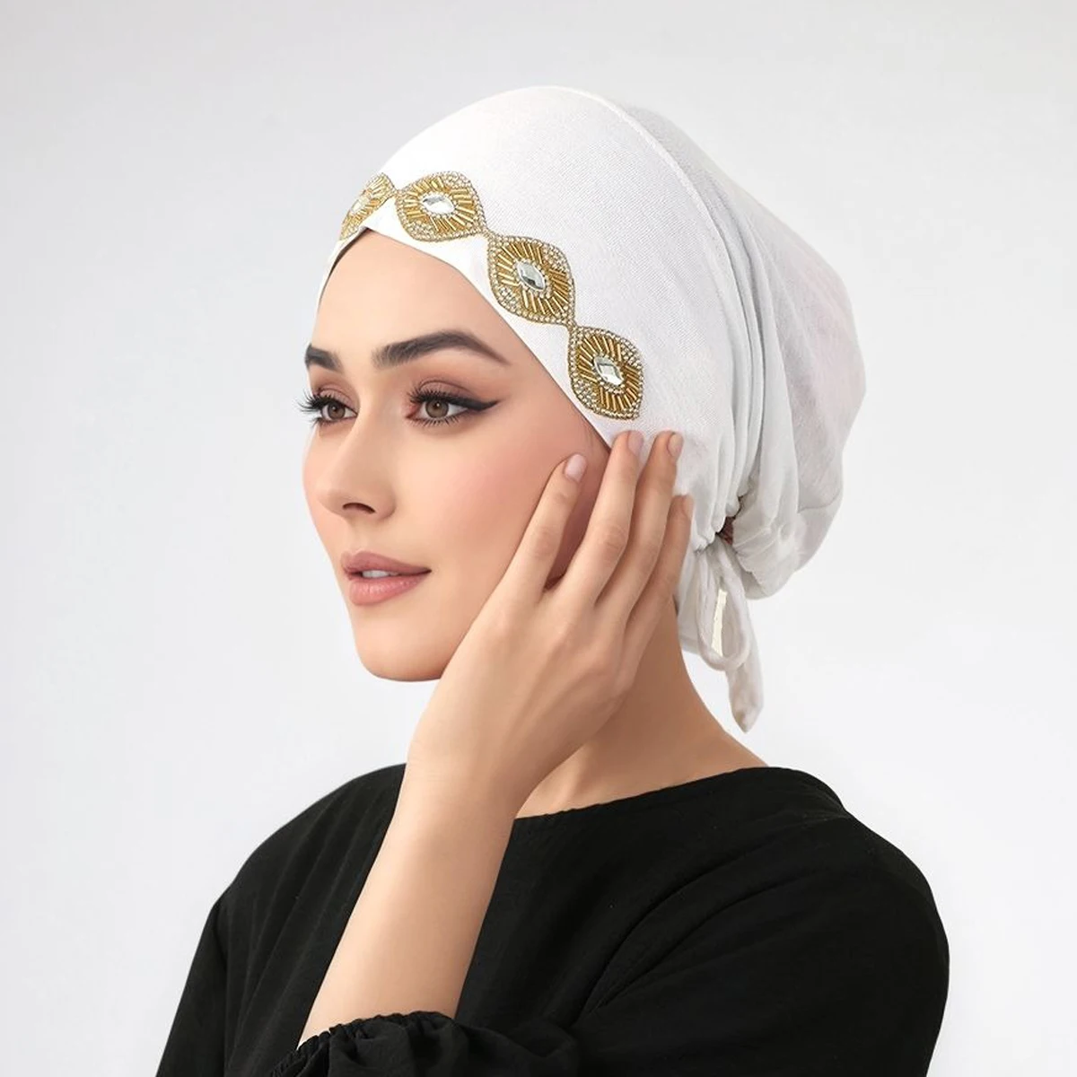 قابل للتعديل حجر الراين قبعات داخلية بلون قبعة مرنة مشروط الحجاب مسلم بونيه وشاح المرأة الإسلام رمضان الملحقات