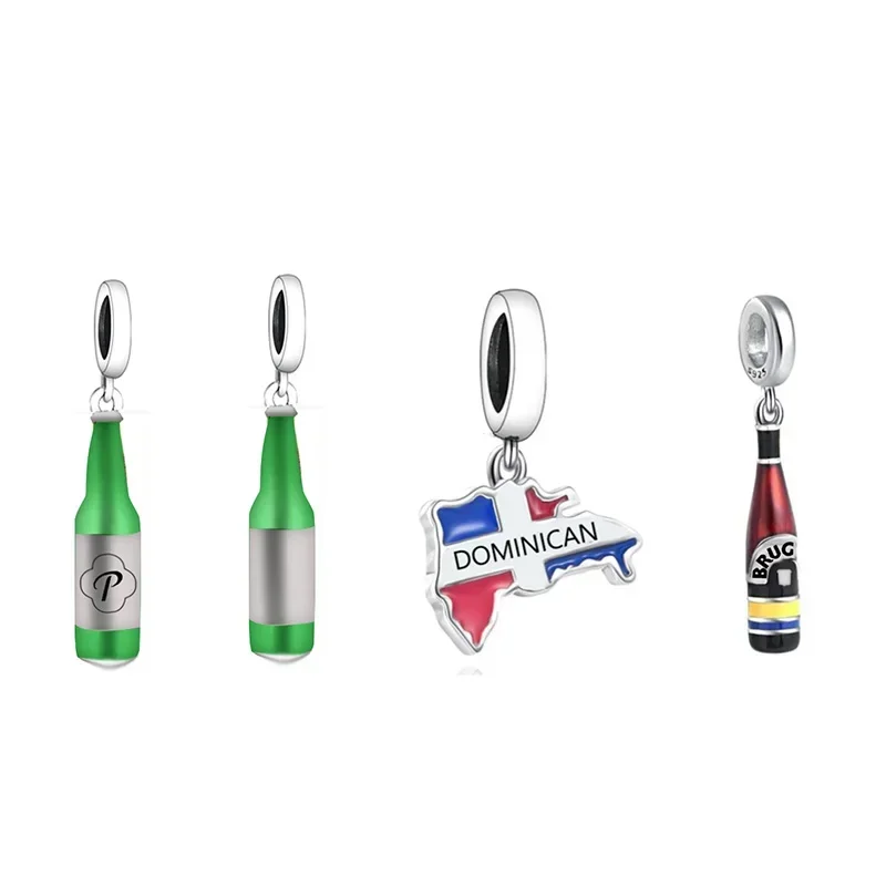 Fit Original pan Charm Bracelet Authentic 925 Sterling Silver Dominican Flag Map Wine Bottle Bead For Women jewelry 2024 DIY