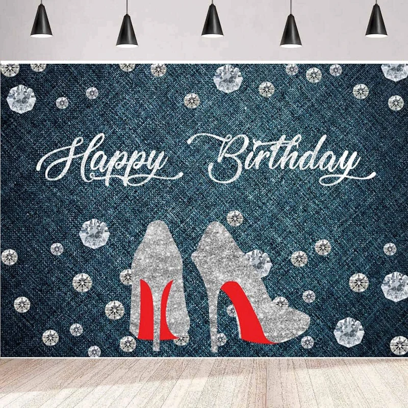 Denim Diamonds Photography Backdrop Glitter Shiny Crystal Shoes Women Girls Happy Birthday Party Decor Background Wall Poster