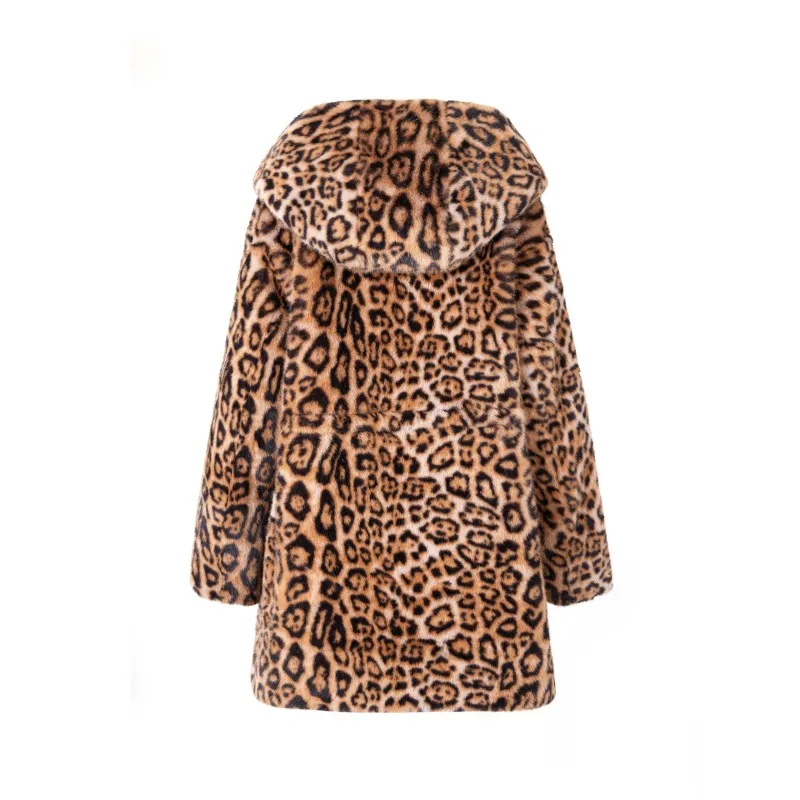 Leopard Fur Coats for Women Faux, Jacket with Hood Oversize Winter Spring Fashion Outerwear