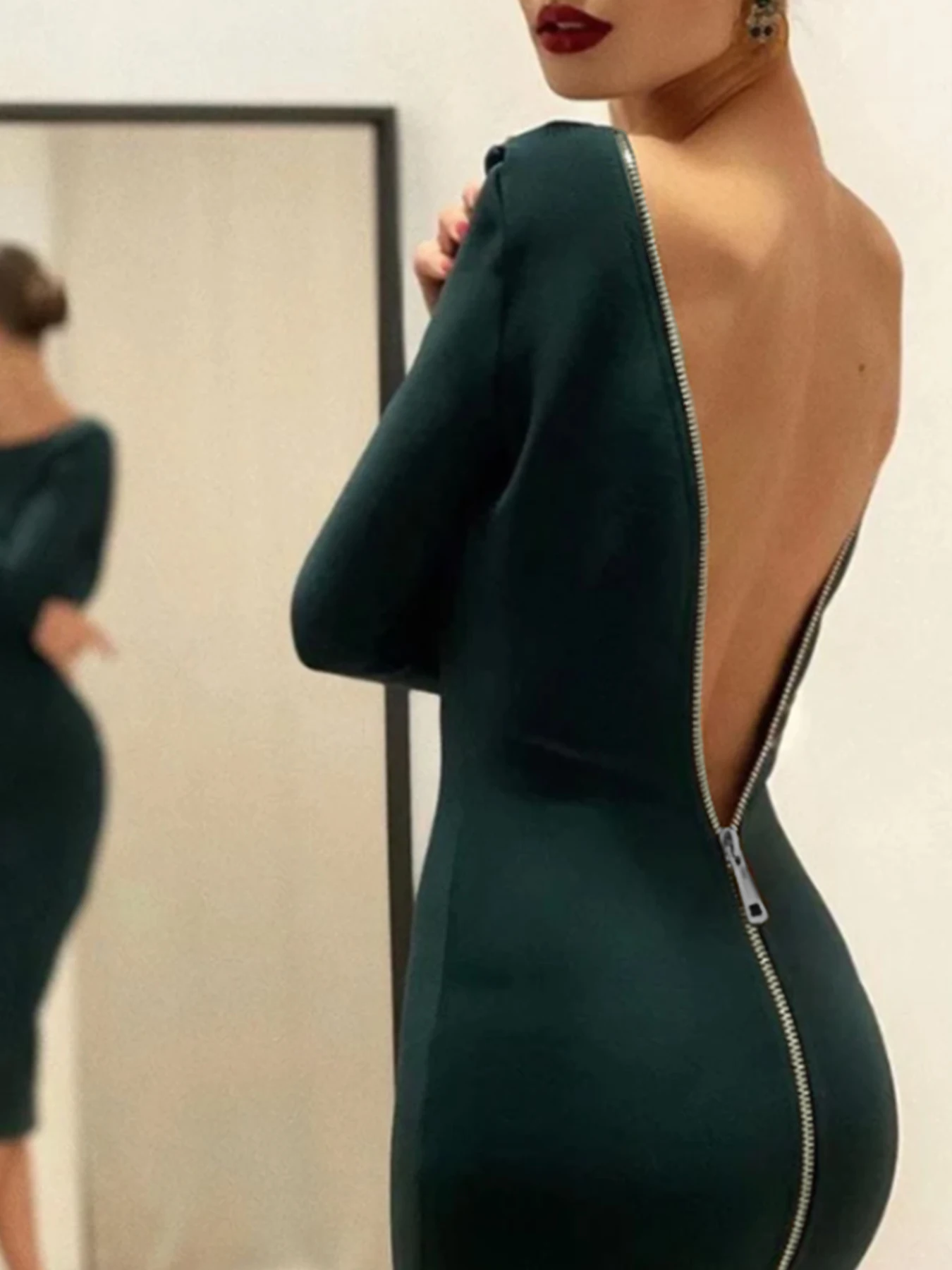 Spring Autumn Sexy Slim Midi Dresses Women Solid Color Backless Zipper Package Hip Slit Dress Trend Hot Girl Party Prom Dress