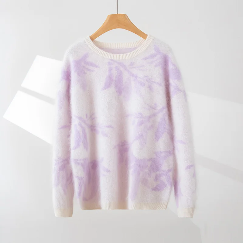 Chic Autumn Winter Women 100% Cashmere Sweater O-neck Plush Cashmere jacquard Comfy Brush Cashmere Knitwear Loose Pullover Tops