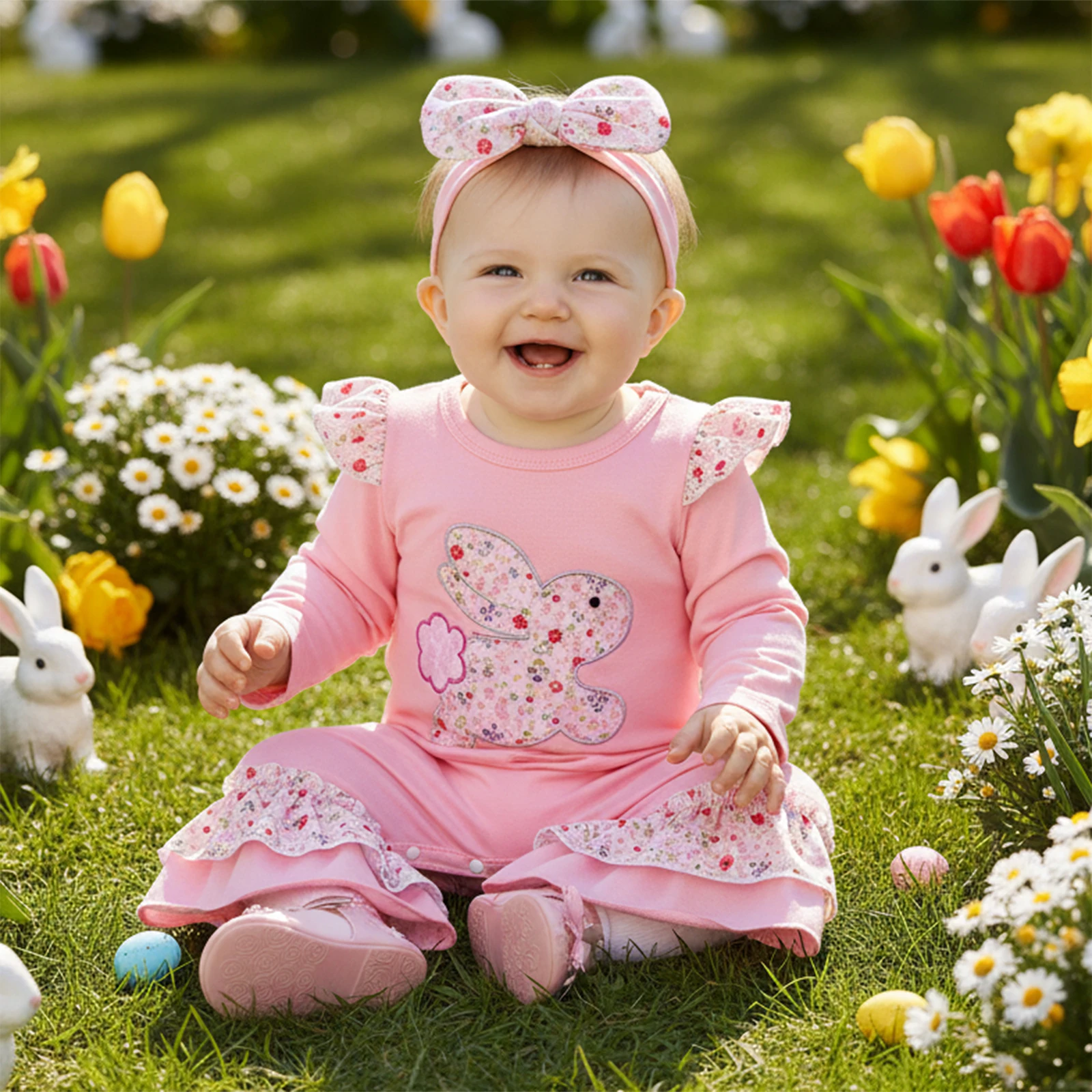 

FOCUSNORM милый пасхальный комбинезон для маленьких девочек и мальчиков 0-18 месяцев с длинными рукавами и круглым вырезом, комбинезон с цветочной вышивкой и кроликом
