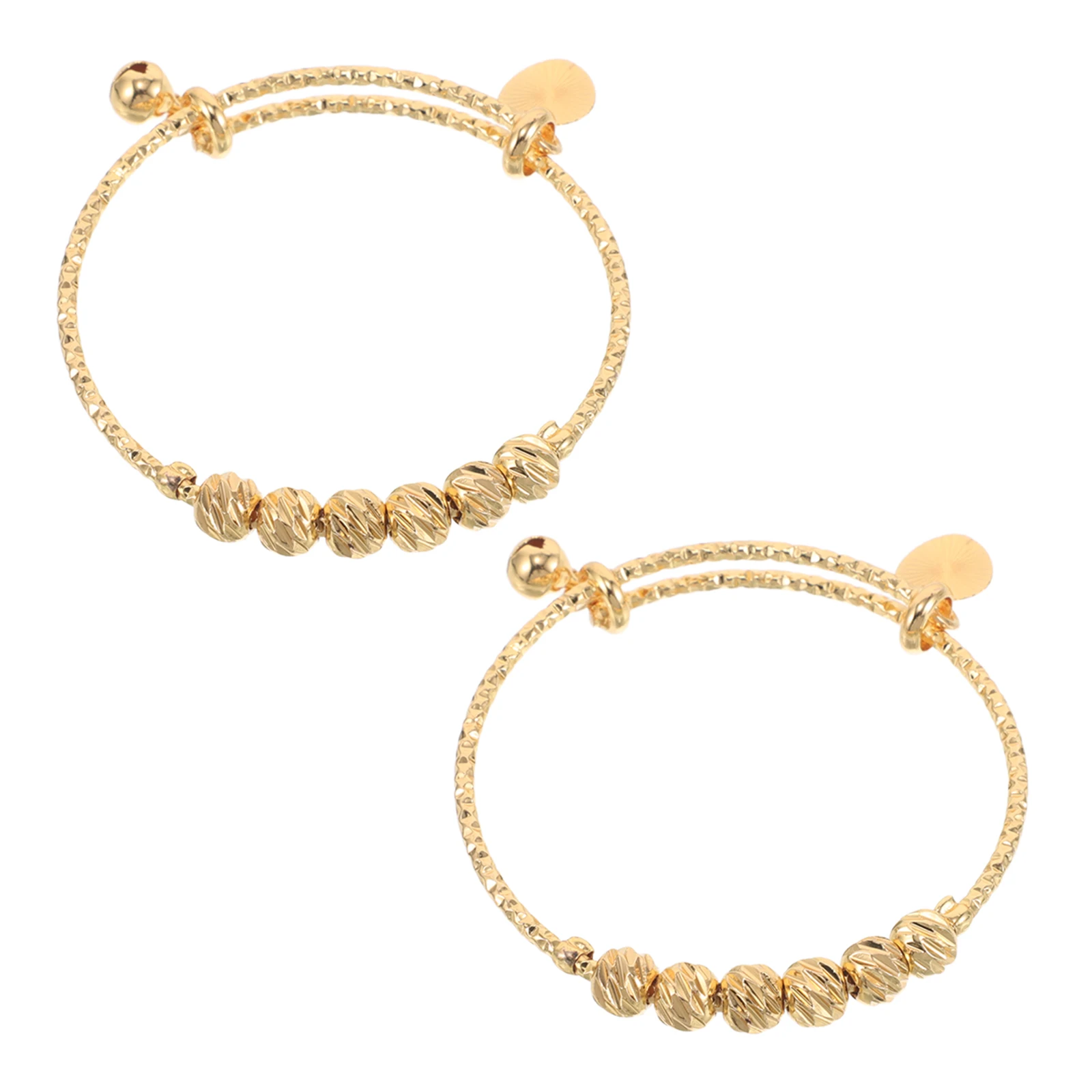 

2pcs Golden Plated Baby Bangle Bracelet Girls Boys Adjustable Beaded Infant Jewelry Kids Charm Bangles For Birthday New Year -