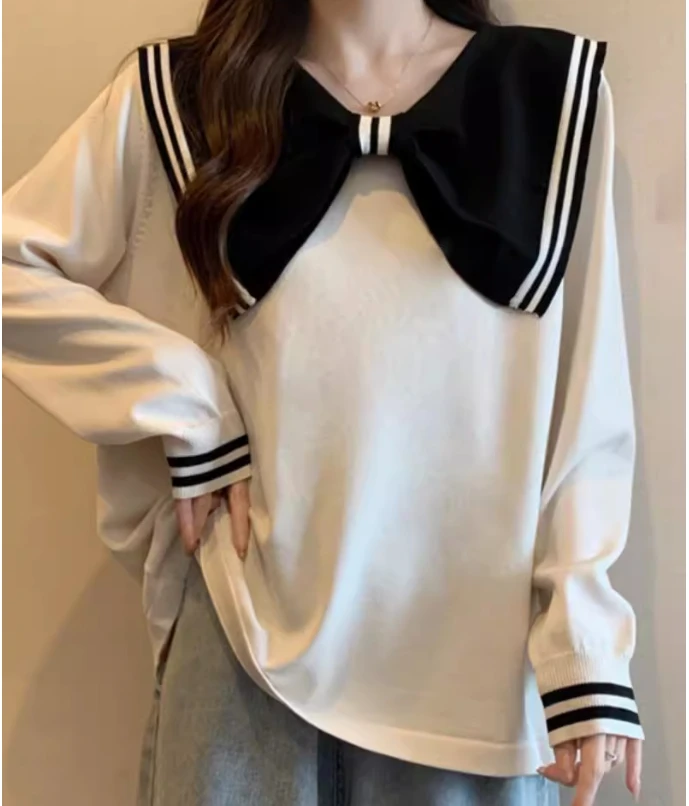 Groot formaat dames herfst contrasterende kleur strik zoete Japanse sweatershirt schattig college losse veelzijdige top met lange mouwen