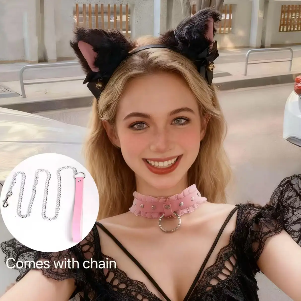 

New 3-piece set punk ring soft girl lace hanging ring pu neck chain, leg ring with leash set, Cat ears headband female cos cat h