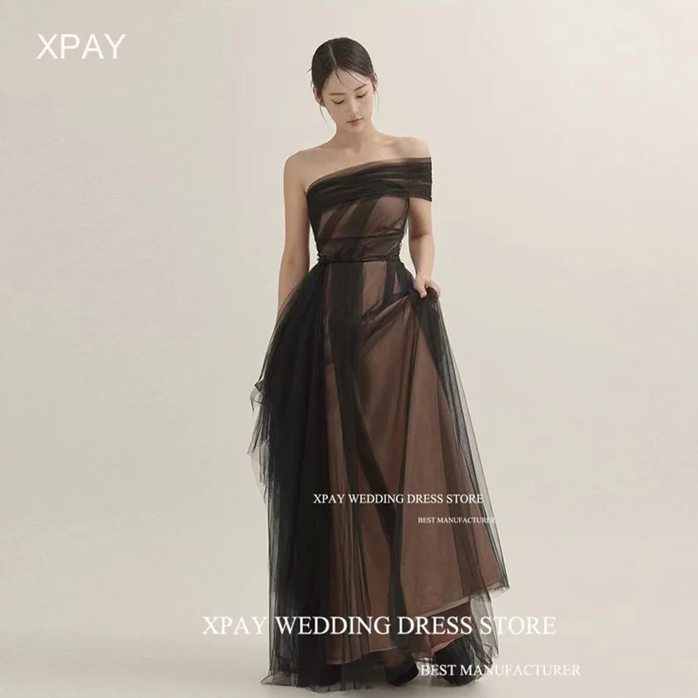 

XPAY Black Tiered Tulle Korea Evening Dresses One Shoulder Floor Wedding Photos Shoot Backless Custom Pleats Prom Party Gown