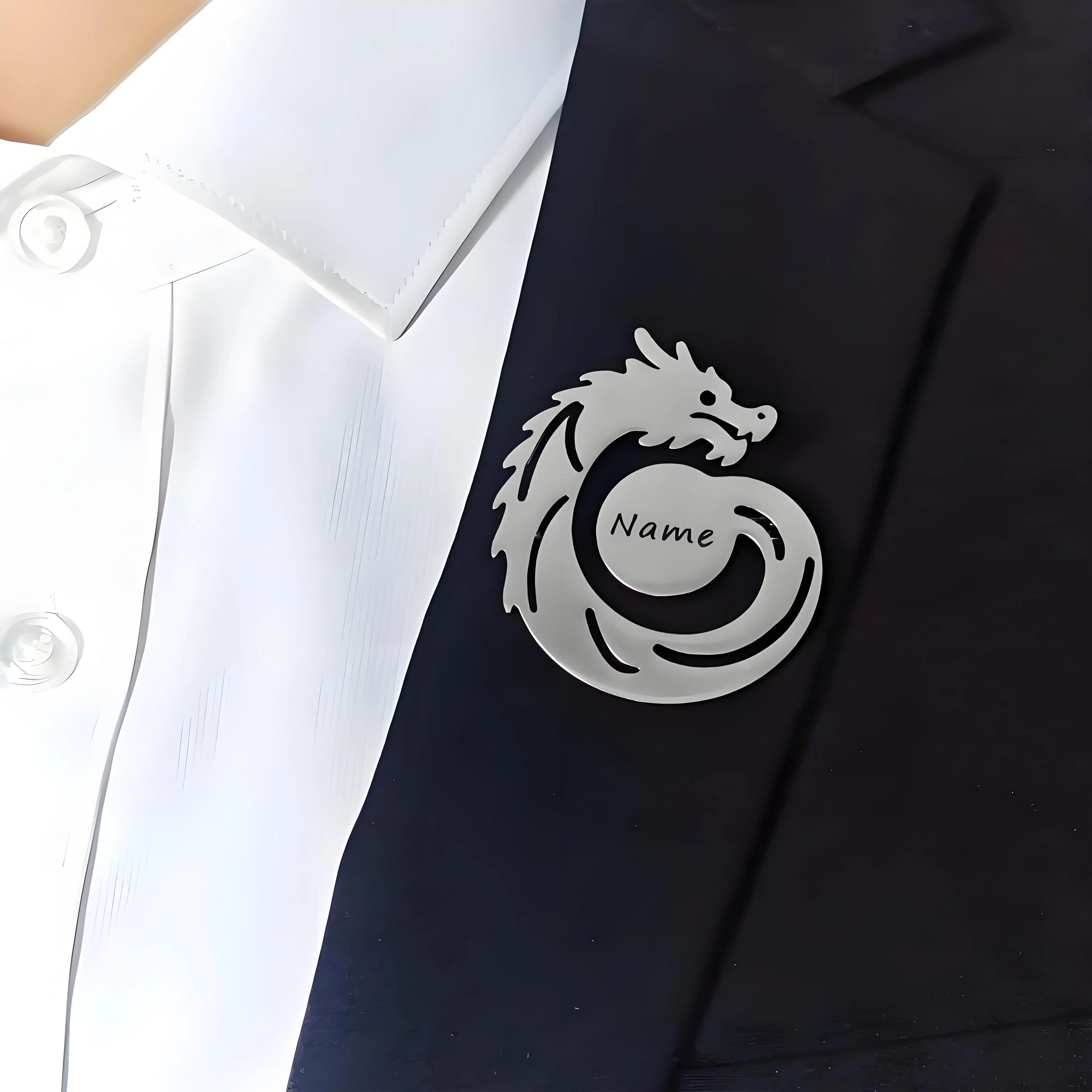 

Personalized Dragon Brooch with Engraved Name, Stainless Steel Custom Accessory, Stylish Men's Jewelry for Office, Weddings