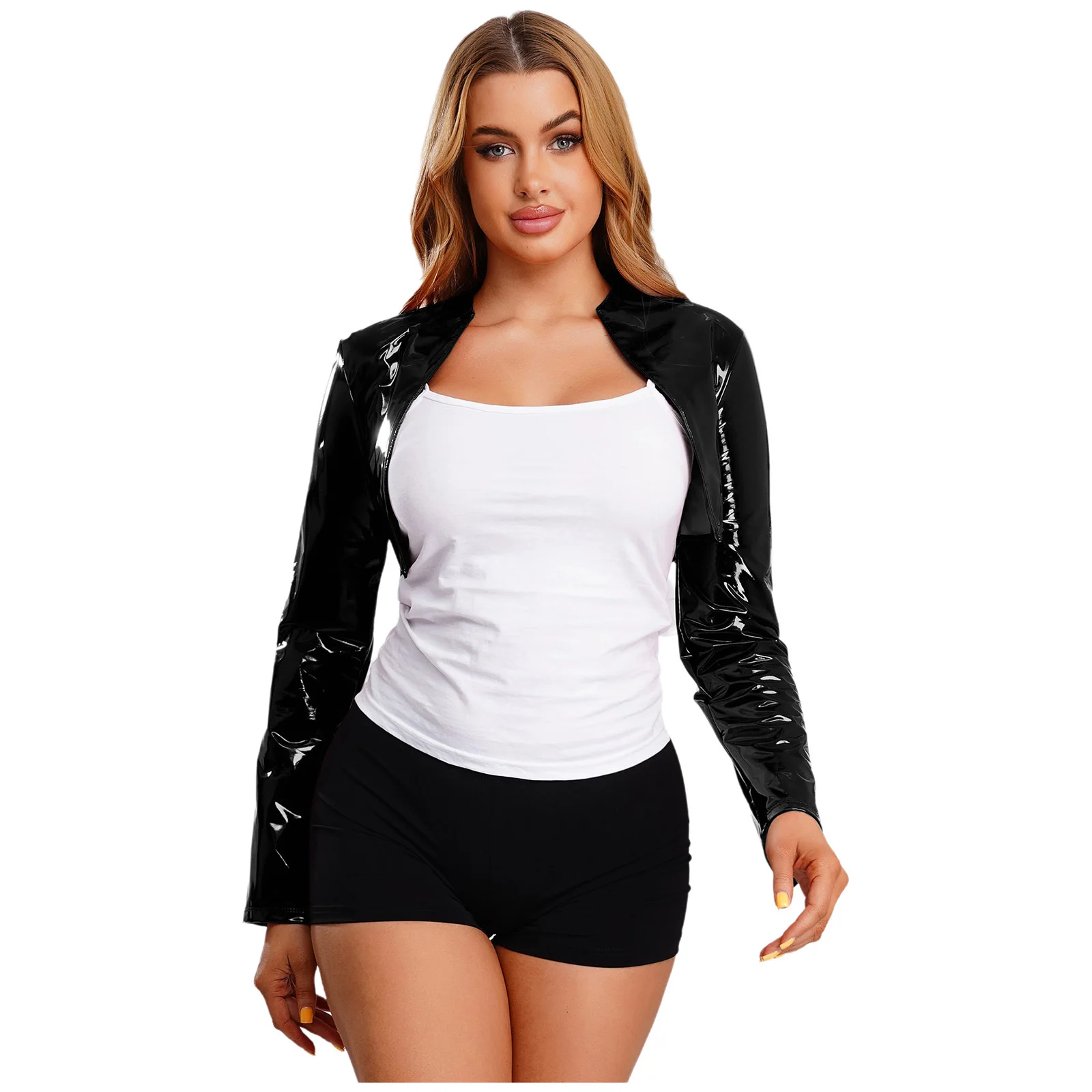 

Womens Glossy Disco Party PU Cardigan Open Front Long Sleeve Crop Tops Unlined Motor Biker Cropped Jackets Driving Clubwear