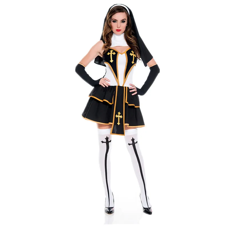 Women's Sexy Nun Cosplay Costume Carnival Halloween Fantasia Fancy Dress Sister Bad Habit Religion Christian Missionary Outfit