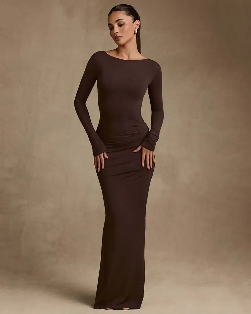 2025 Sexy Backless Bodycon Maxi Dress Women Comfortable Fashion Long Sleeve Draped Prom Outfits Elegant Club Party Long Dress