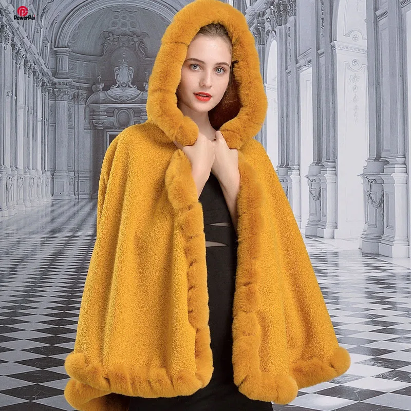 

Handcraft Thread Faux Rex Rabbit Fur Cape Coat Thick Soft Imitate Lamb Wool Cloak Overcoat Hooded Women Autumn Winter Outwear