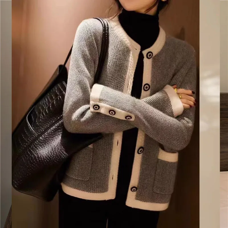 Jesień Zima Vintage Wełniany Dzianinowy Kardigan Odzież Damska Moda Proste Kieszenie Swetry O-neck Luźne Topy dojazdowe 