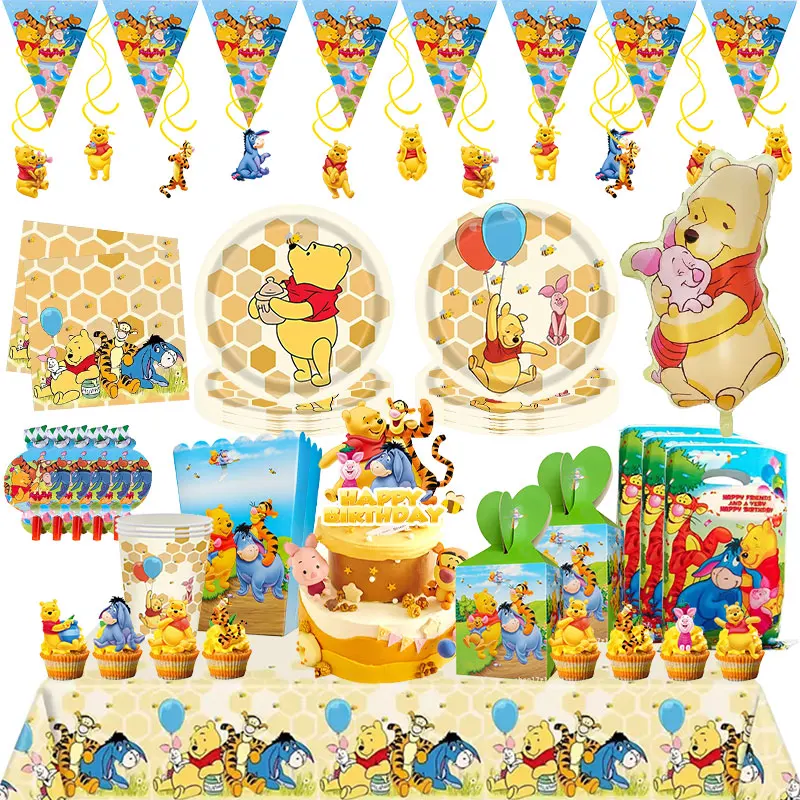Winnie l'ourson décoration de fête d'anniversaire ensemble de vaisselle tasses assiettes bannière ballon boîtes à bonbons sacs cadeaux pour enfants fournitures de fête