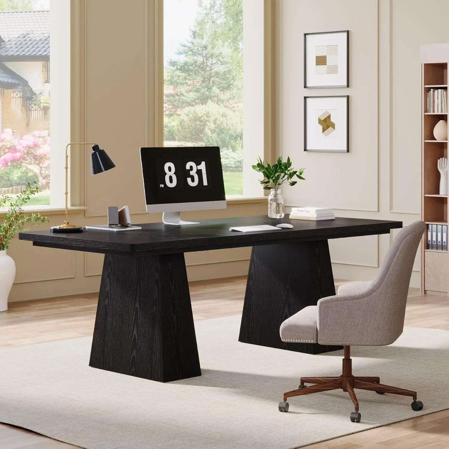 ^&63-Inch Executive Desk Double Pedestal Modern Simple Engineered Wood Office Conference Writing Table Home/Commercial