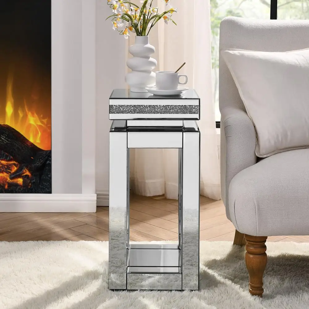 Mirrored End Table Crystal Inlay 2-Tier Square Sofa Side Table Modern Silver Accent Storage 26"H