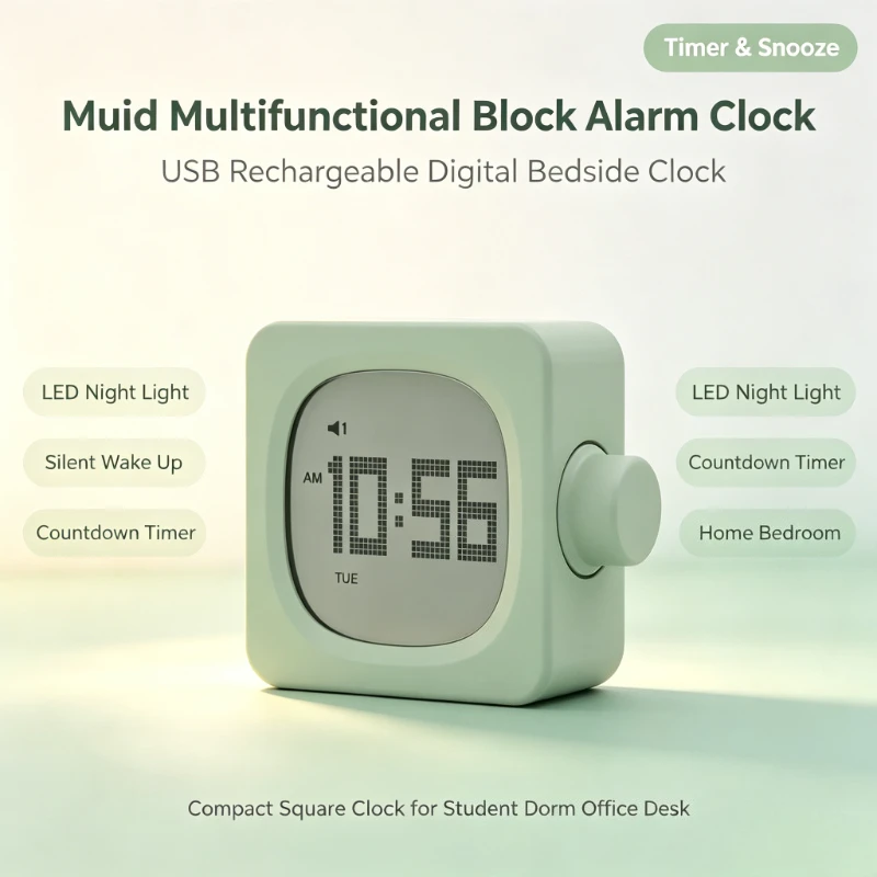 Muid Block Digital Alarm Clock Multifunctional USB Charging Timer Function LED Bedside Wake Up Clock