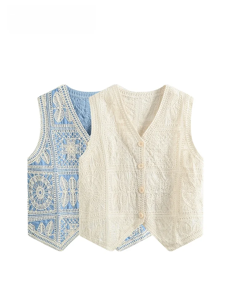 

Cara CLUB Large Size V-Ne Women's Vest Spring New Sle Retro Hook Flower Outerwear Jaet ort Cotton Summer Top