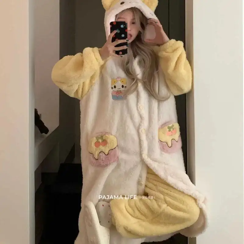 Kawaii Cute Sanrio Mashumaro Coral Fleece Nightgown Pants Suit Loungewear Set Autumn Winter Thick Warm Birthday Gifts for Girls