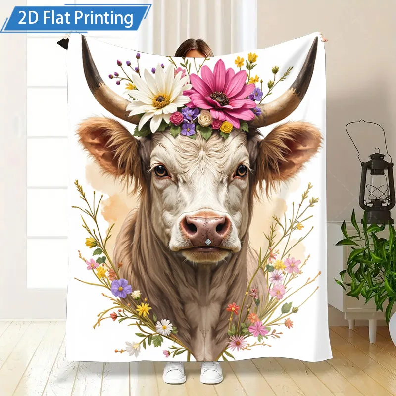 1 шт. фланелевое одеяло с цветочным принтом коровы, мягкое уютное одеяло для домашнего декора, постельные принадлежности в стиле бохо, чехол для гостиной, дивана