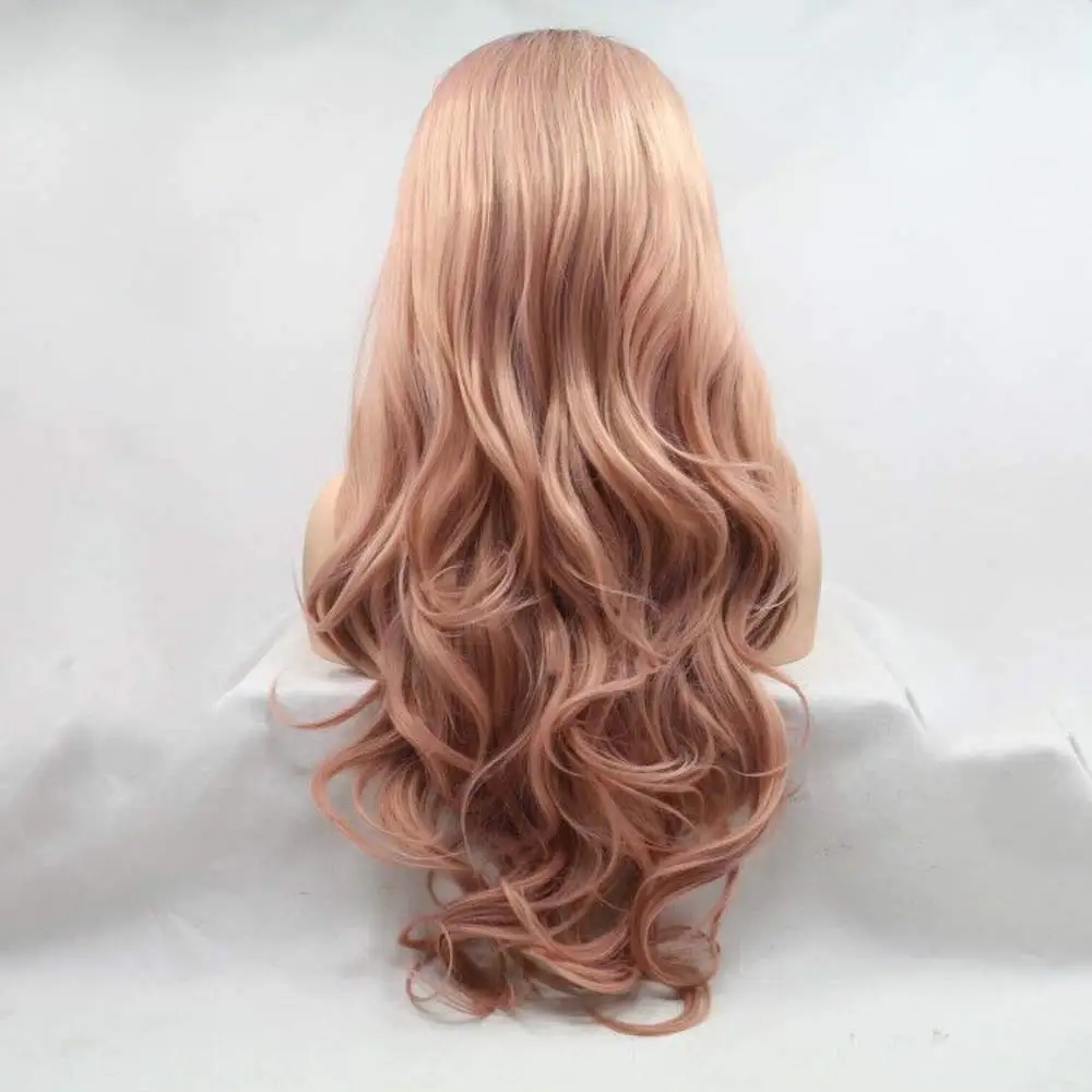 Ombe Peach Red with Dark Roots Synthetic Wigs Long Wavy Rosy Pink Lace Front Wigs Body Wave Hair Rose Gold Pink Wigs For Women