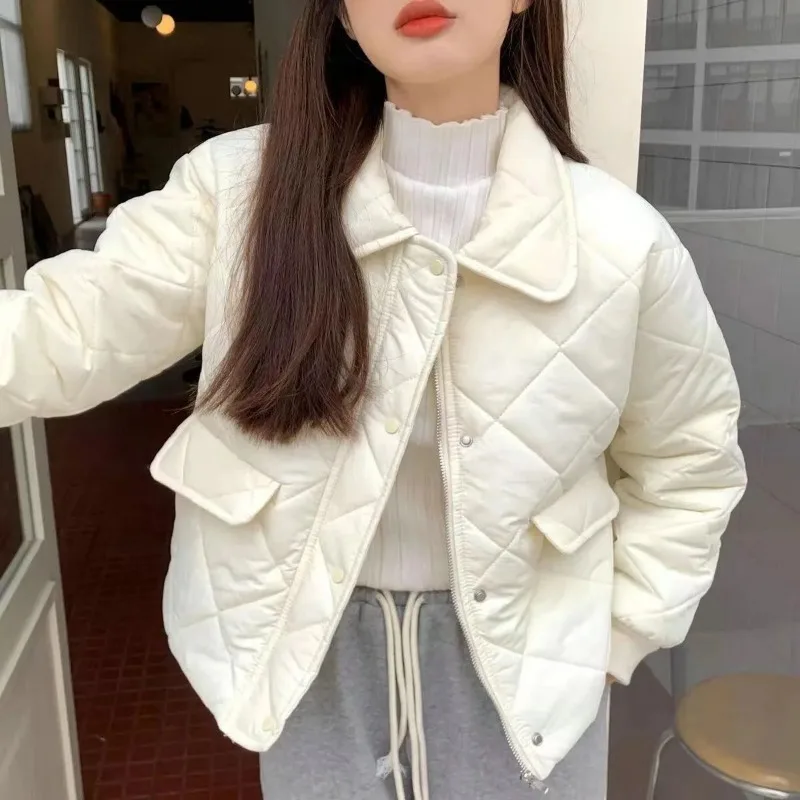 Women Lapel Diamond Quilted Jacket Short Loose Lightweight Padded Cotton Coat