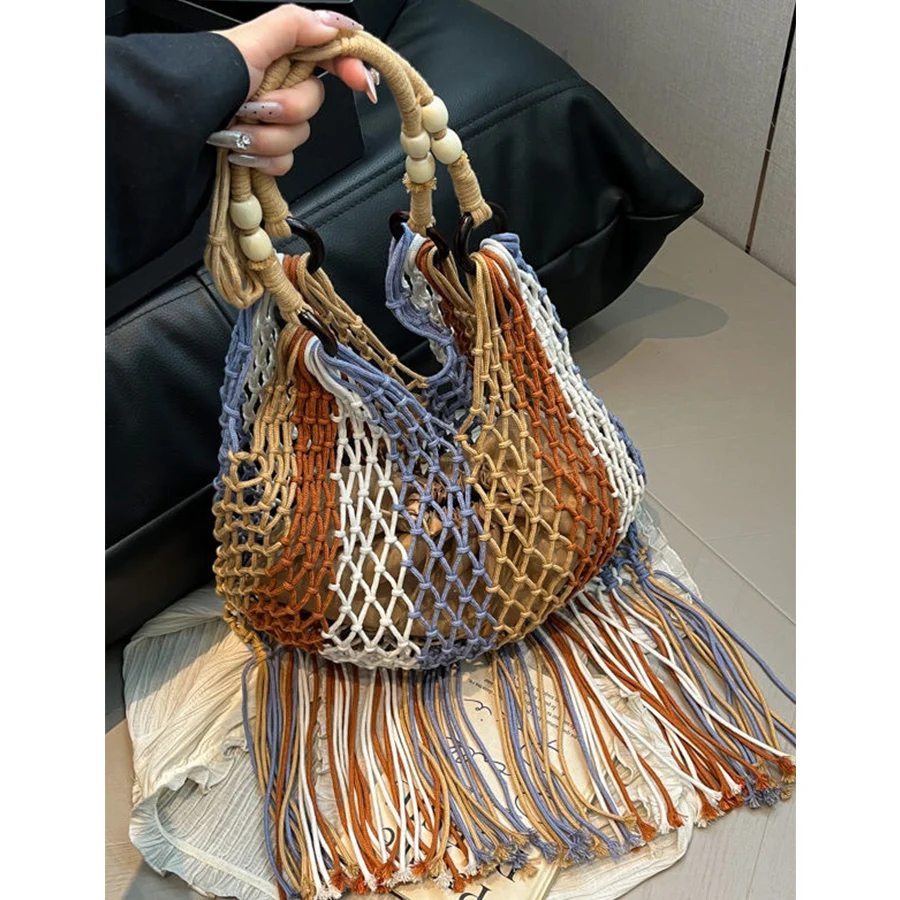 

Bohemian Tassel Fishnet Women Shoulder Bags Colorful Rope Woven Lady Handbags Handmade Hollow Summer Beach Bag Large Tote Purses
