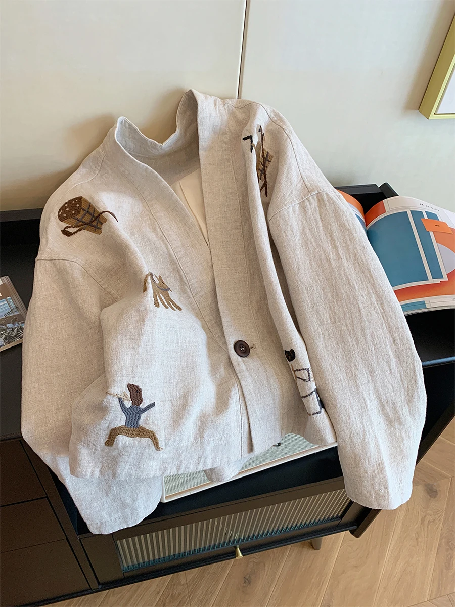 

Retro Embroidered V-Ne ort Thin Outerwear Loose Versatile Top for Men And Women Spring Autumn Seasonal Design Casual Wear