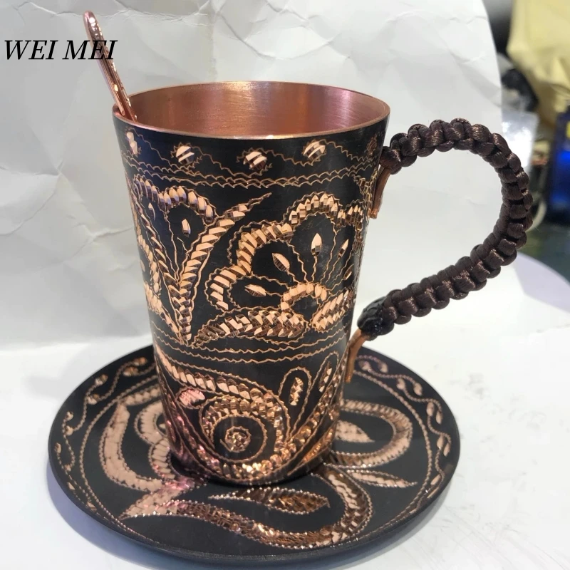 

Handcrafted Pattern Random Vintage Copper Coffee Mug,With Disc Spoon Breakfast Cup,Unique Art Texture Friends Gift Mug Tableware