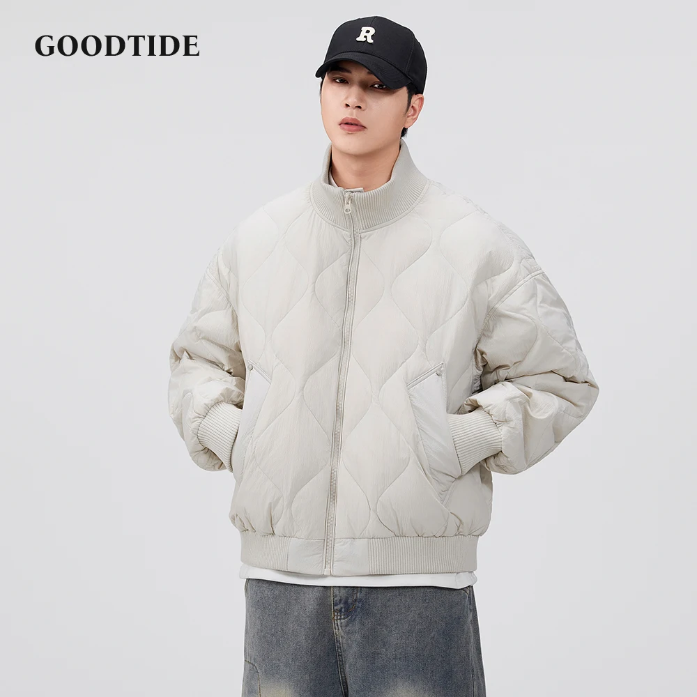 

Мужская повседневная стеганая куртка-бомбер, зима 2025 года, новый ромбовидный узор, ребристый подол, свободная посадка, модный мужской теплый пуховик, топ