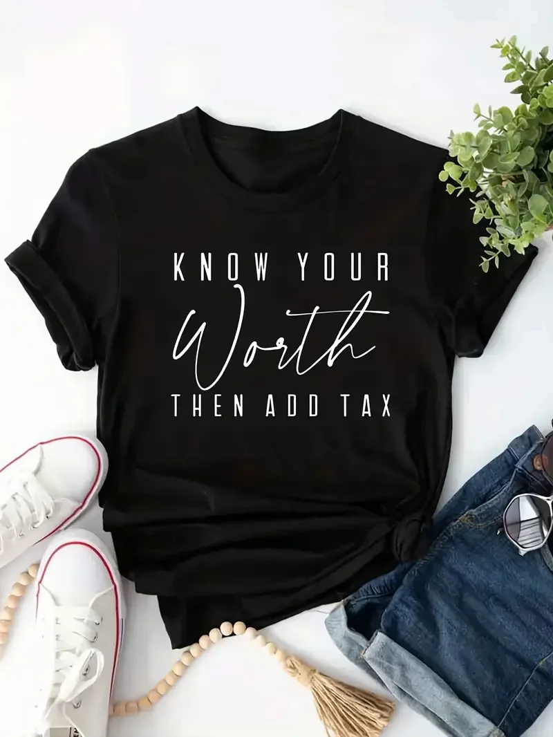 Worth Letter Print T-Shirt, Short Sleeve Crew Neck Casual Top For Spring & Summer, Women's Clothing