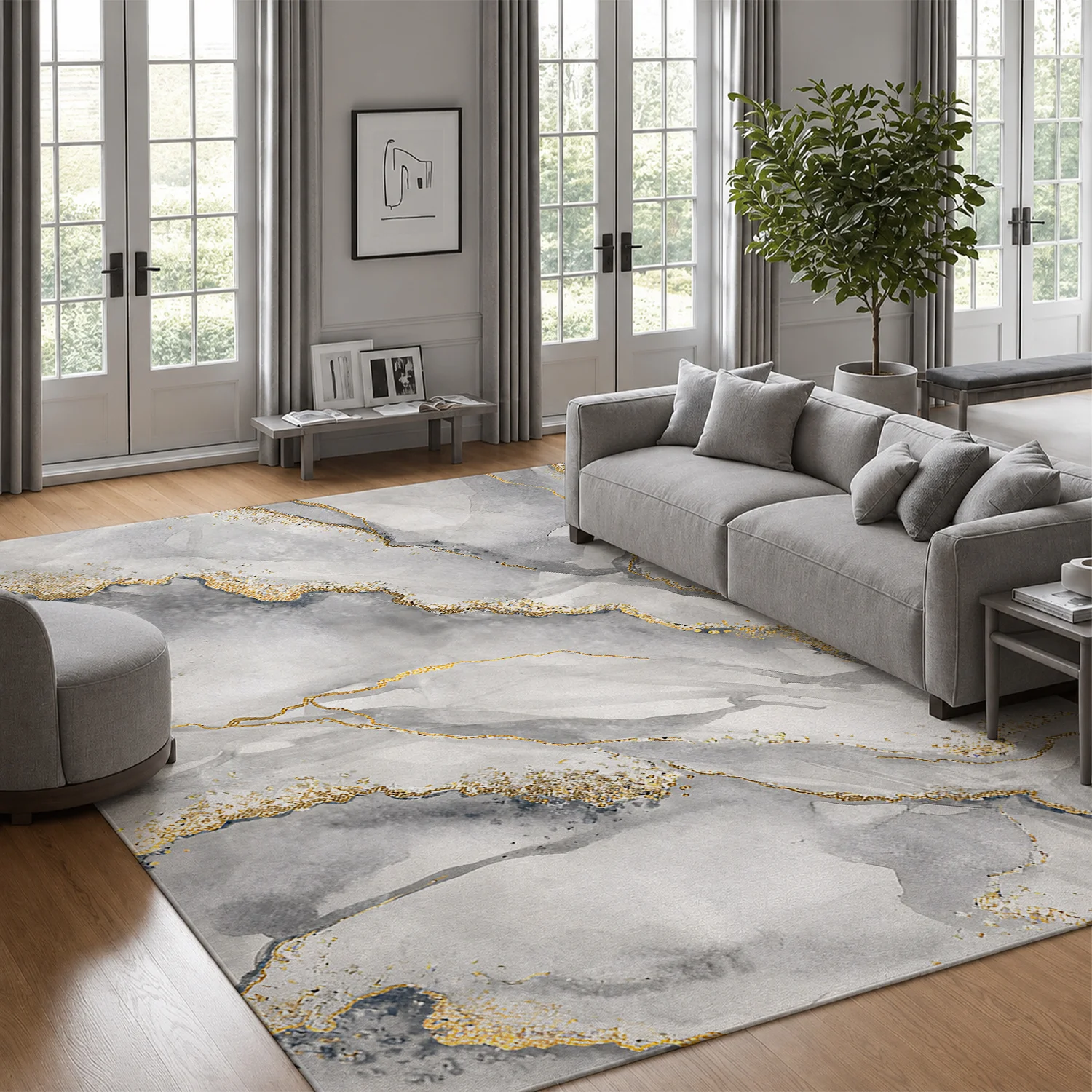 Large Indoor Area Rug, Soft Velvet Low Pile Non-Slip Dotted Backing, Machine Washable Gray Gold Marble Pattern Floor Carpet for Living Room, Bedroom, Contemporary Home Decor