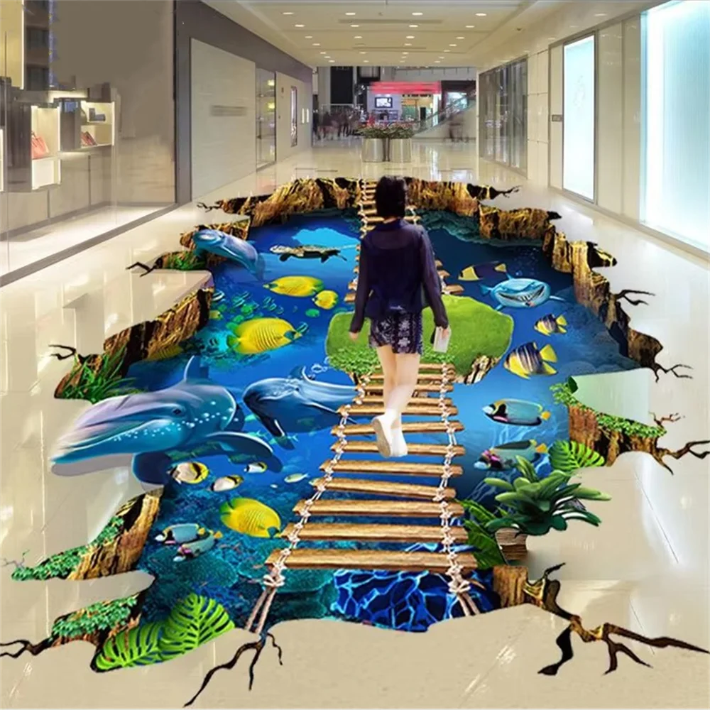 

Custom self-adhesive flooring 3d Waterproof Waterfall dolphin floor painting Sea Turtle wallpaper for bathrooms home decoration