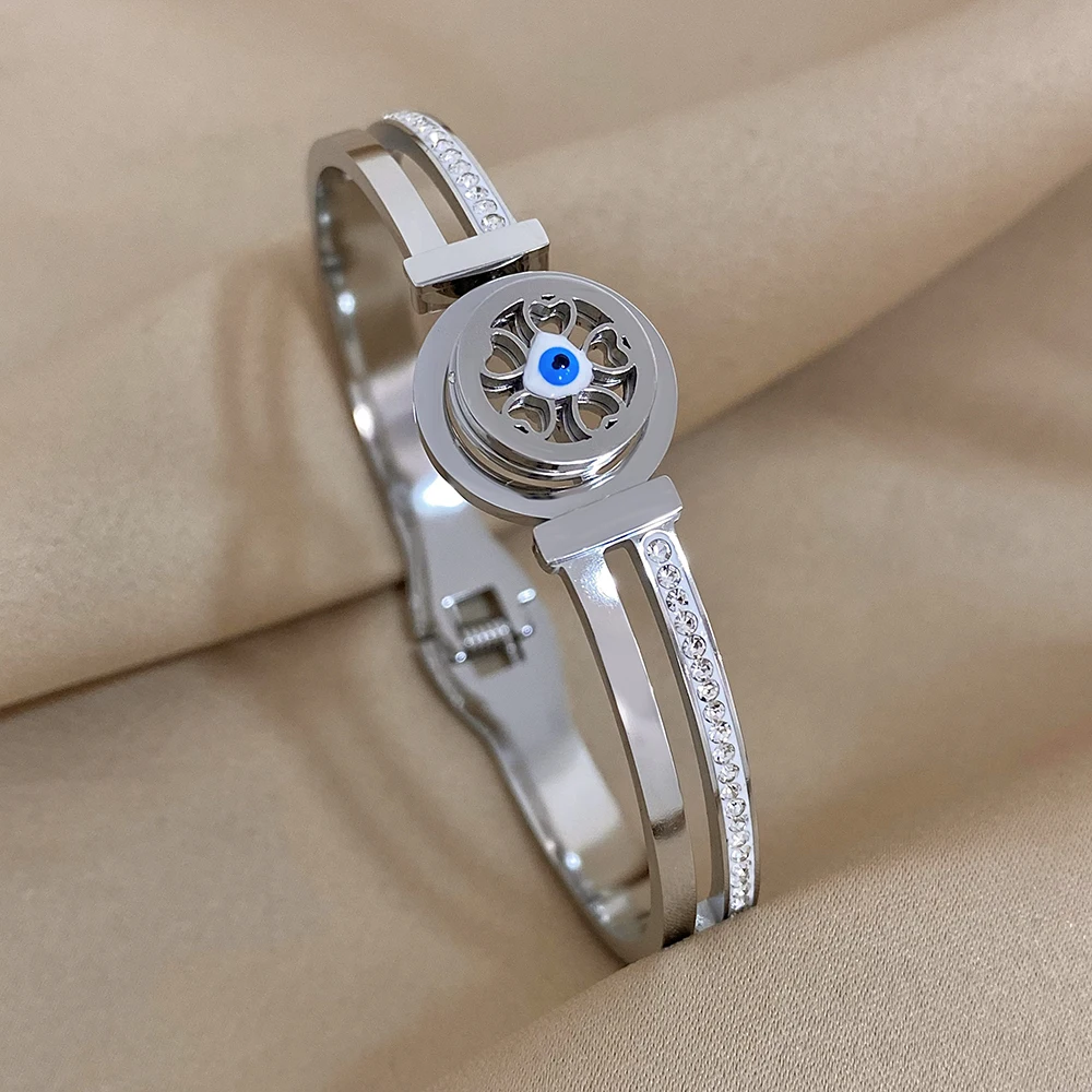 Evil Eye Stainless Steel Charm Bracelet, Rhinestone