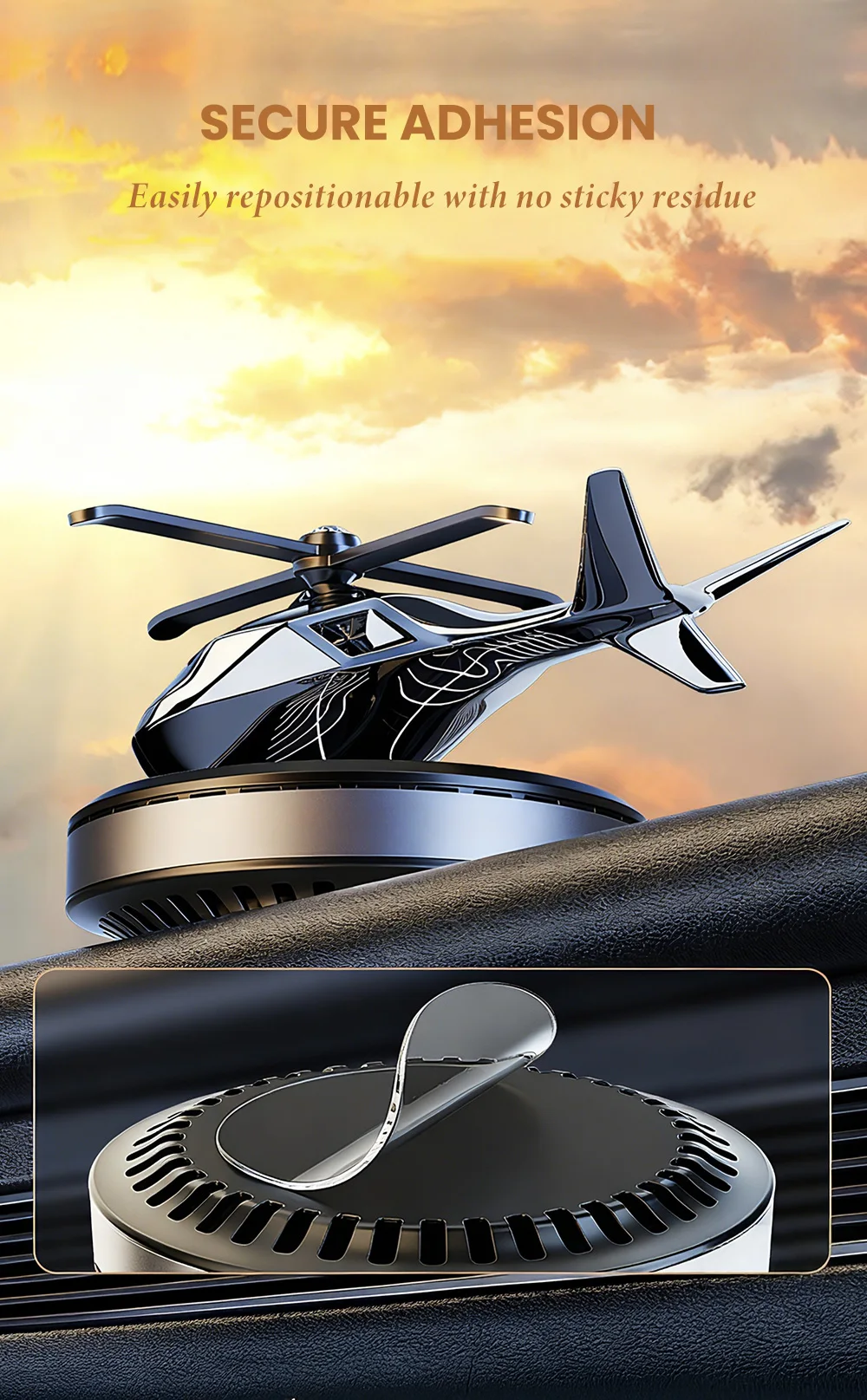 Solarbetriebener, rotierender Hubschrauber als Auto-Dekoartikel mit kreativer Aromatherapie für die Mittelkonsole, als Geschenk für Männer. – Detail 4