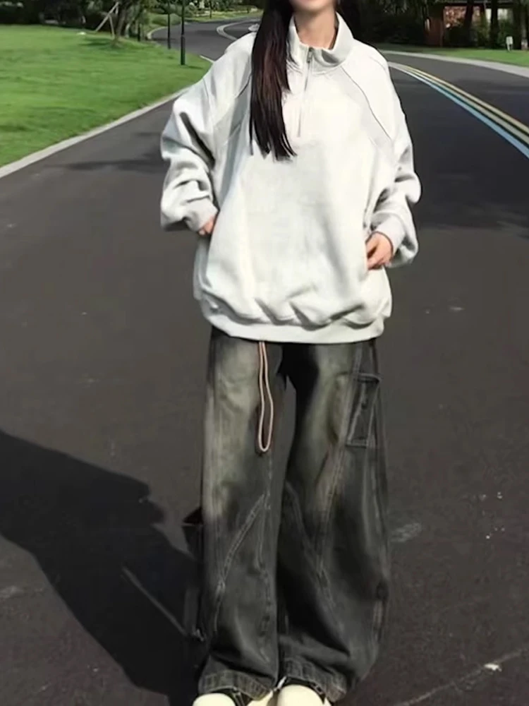 블라 아메리칸 하이 스트리트 아디언트 나이프 오버사이즈 힙합 슬레 남성 데님 진 캐주얼 와이드 레그 팬츠 워크웨어