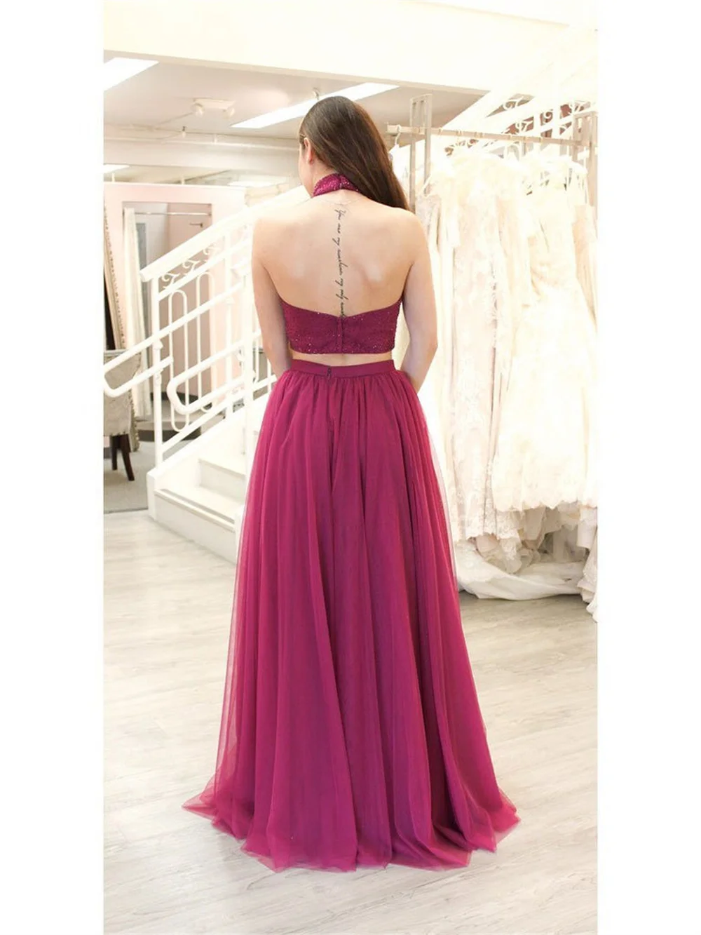 Bella-vestidos de noche fucsia personalizados con cuello Halter, corte en A, hasta el suelo, con abertura lateral alta, vestido de novia de noche Formal