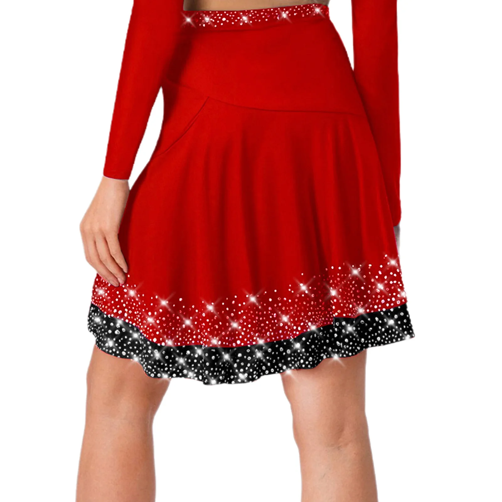 Women Jazz Latin Dance Skirt Shinny Rhinestones Waist Sides Cut Ruffled Skirt Dance Shows Stage Performances Competition Costume