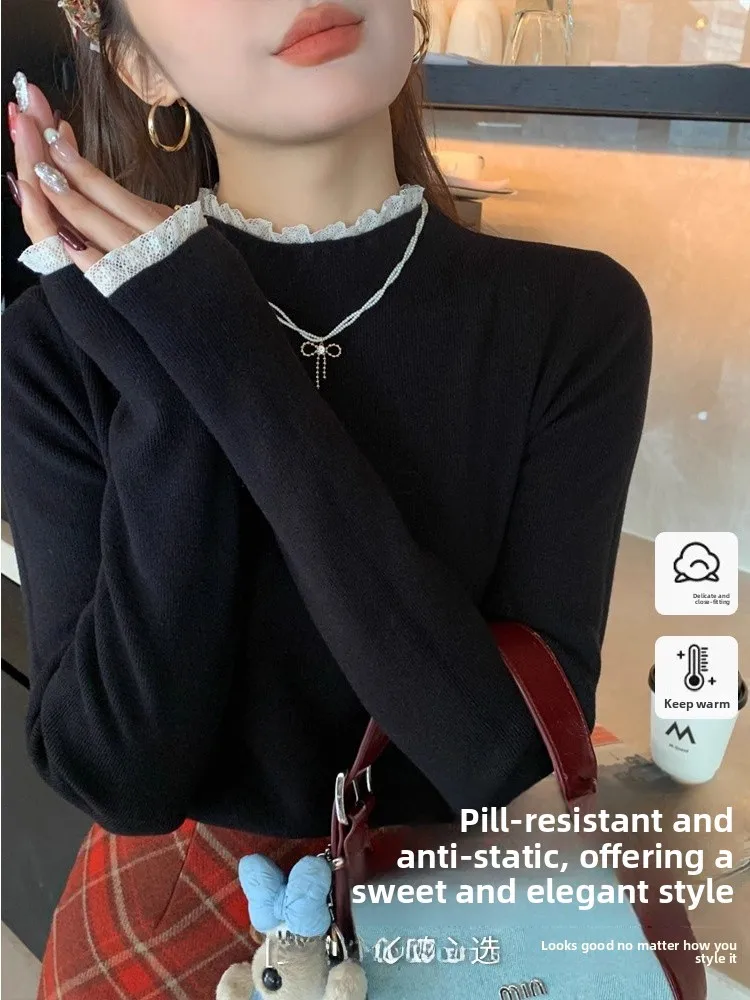 

ay Lace Trim Base irt Women Early Autumn Inner Wear 2025 New High-End Bla Top f High Collar Sweater Inner Wear